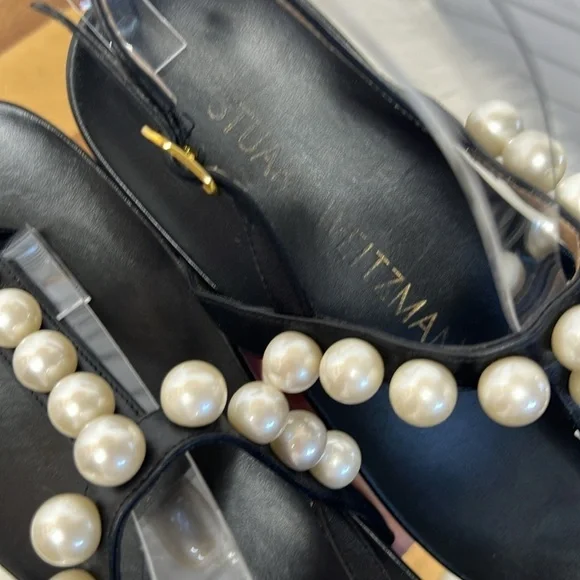 STUART WEITZMAN l Goldie Pearly Leather Flat Strap Sandal Black Leather Size 7 - Picture 14 of 15